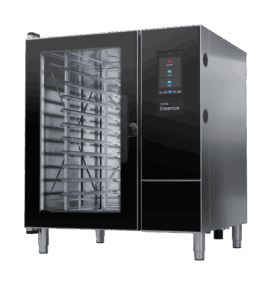 Invoq Essence 10-1/1 GN combi oven side view highlighting ergonomic handle, flexible door options and efficient, space-conscious design