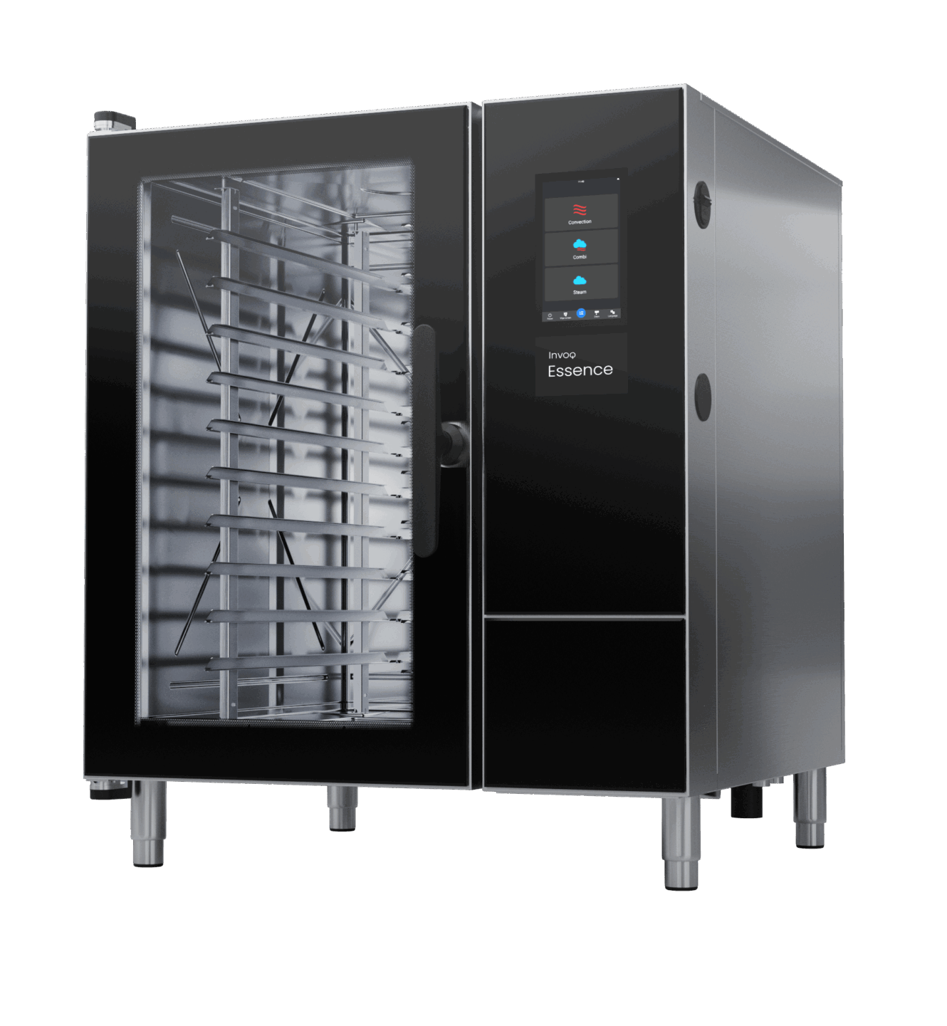 Invoq Essence 10-1/1 GN combi oven side view highlighting ergonomic handle, flexible door options and efficient, space-conscious design