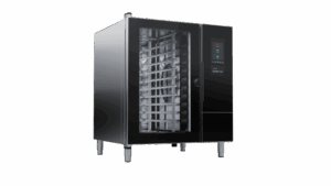 Invoq Essence 10-1/1 GN oven from side angle, showcasing clean Scandinavian design and high-capacity 10-tray performance for professional kitchens