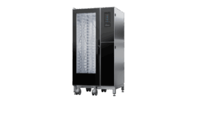 Invoq Essence 20-1/1 GN oven from side angle, showcasing clean Scandinavian design and large 20-tray capacity for professional kitchens