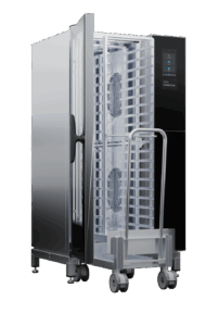 Invoq Essence 20-1/1 GN combi oven with open door and roll-in trolley, enabling ergonomic loading and efficient high-volume production