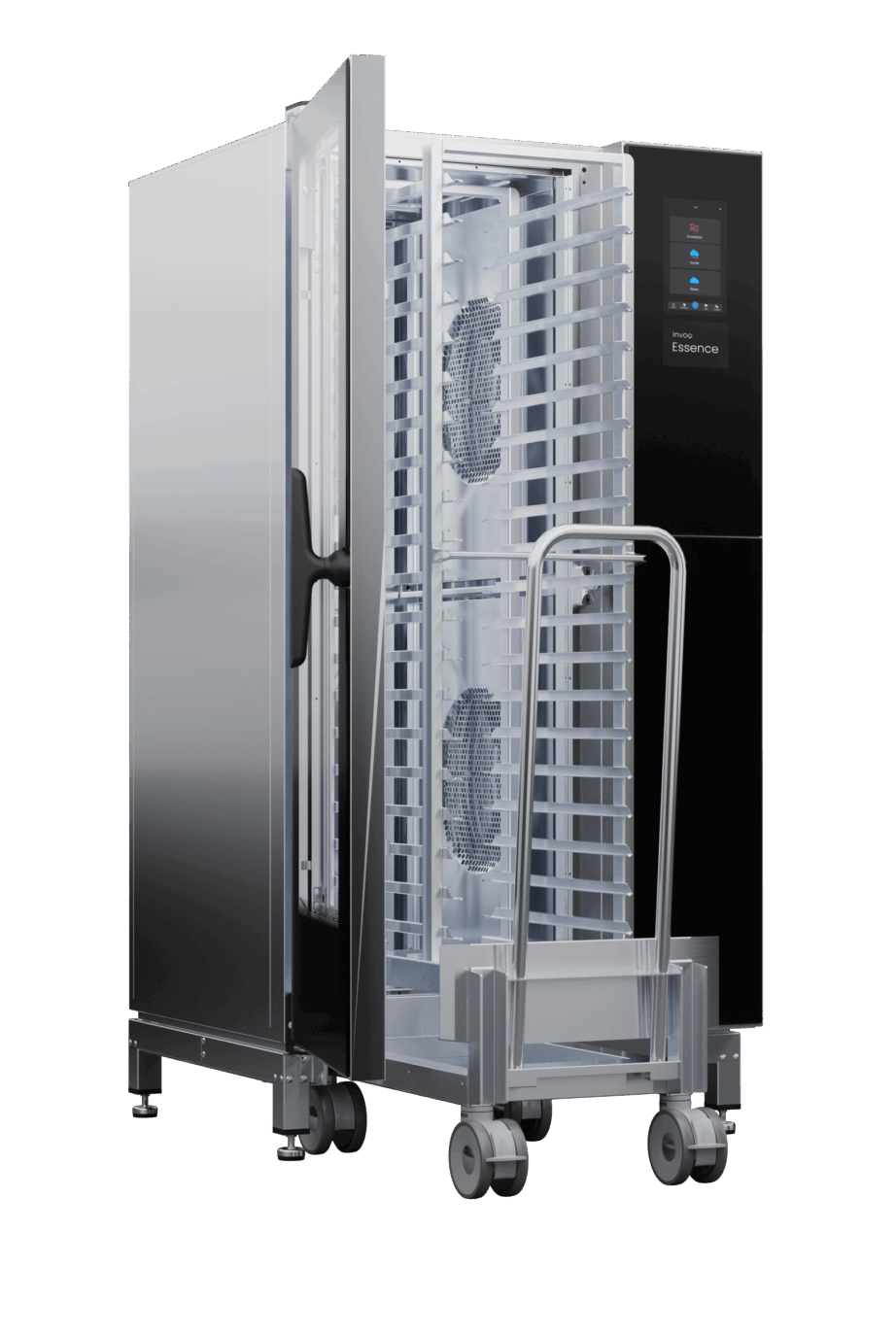 Invoq Essence 20-1/1 GN combi oven with open door and roll-in trolley, enabling ergonomic loading and efficient high-volume production