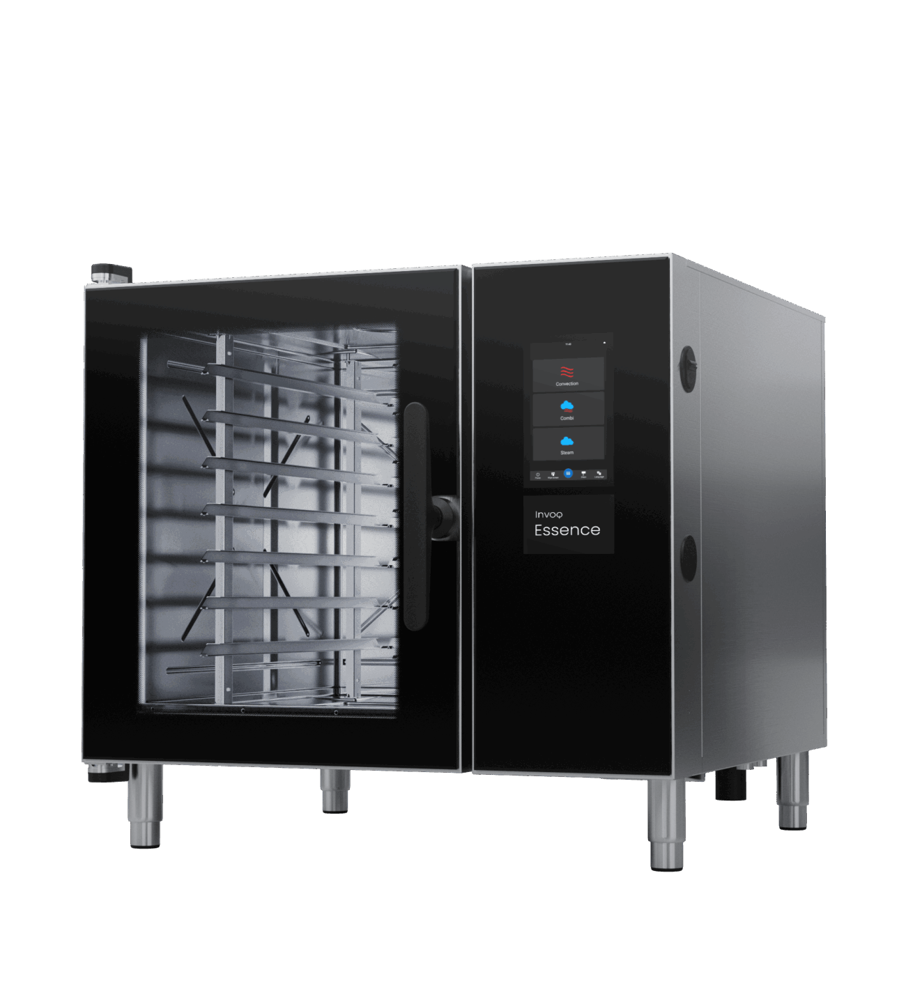 Invoq Essence 6-1/1 GN combi oven side view highlighting ergonomic handle, flexible door options and space-efficient design